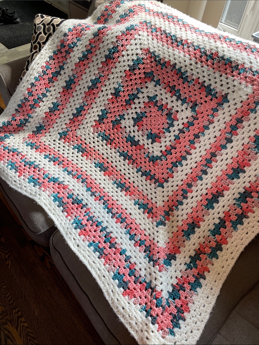 Handmade Crochet Throw Blanket in White, Pink & Teal